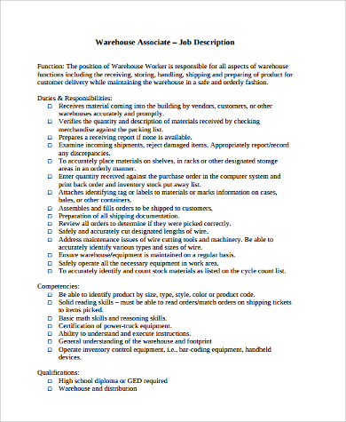 Warehouse Worker Job Description For Resume 