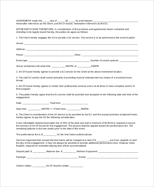 Wedding Dj Contract Template TUTORE ORG Master of Documents