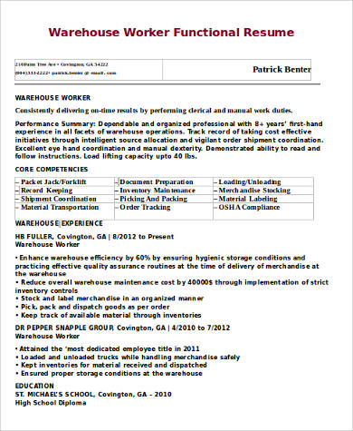 9+ Sample Warehouse Worker Resumes  Sample Templates