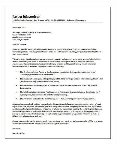 financial analyst cover letter sample