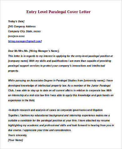 entry level paralegal cover letter