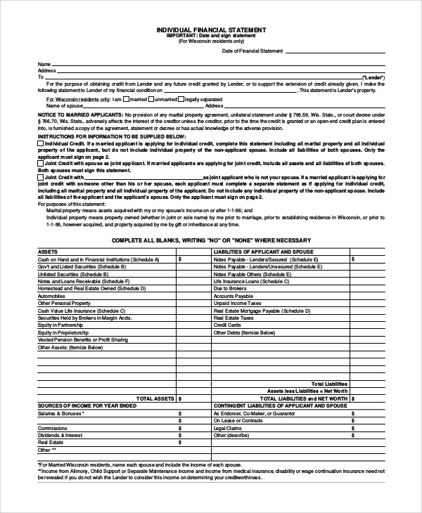 individual financial statement form