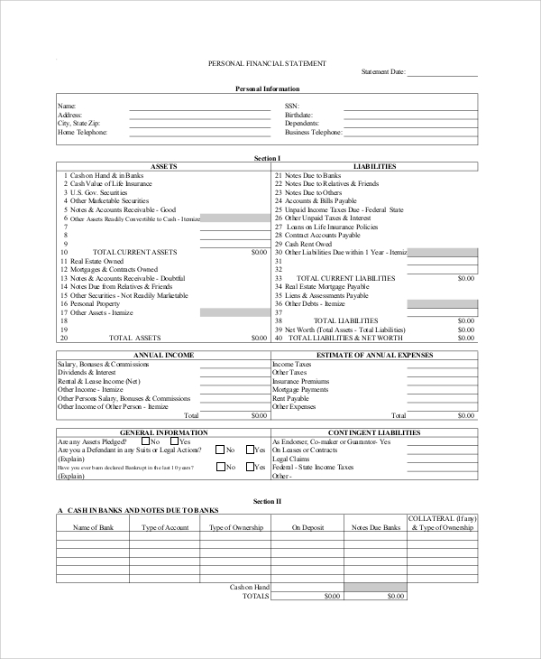 blank personal financial statement form