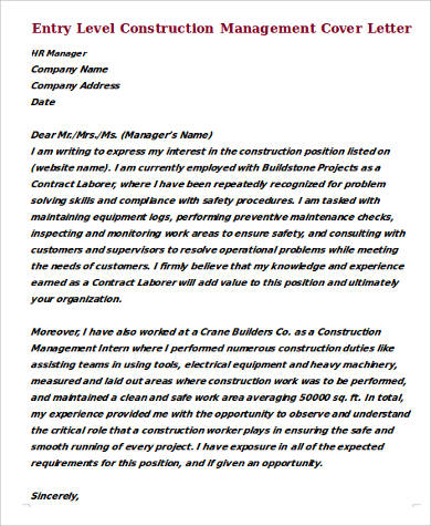 entry level construction management cover letter