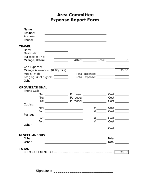 area committee expense report form