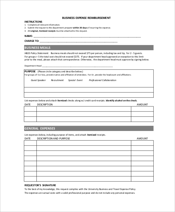 business expense reimbursement report form 