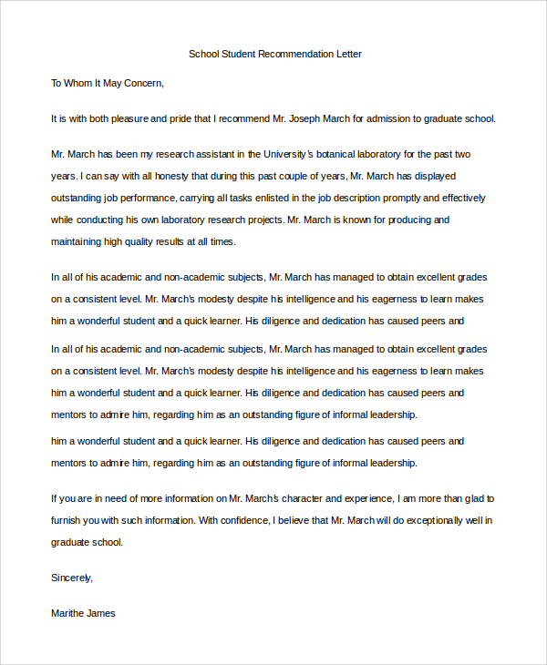 school student recommendation letter