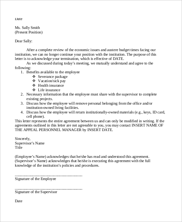 termination letter for staff reduction