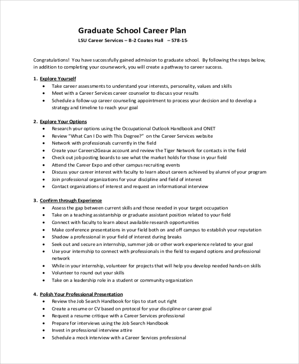 sample graduate school career plan