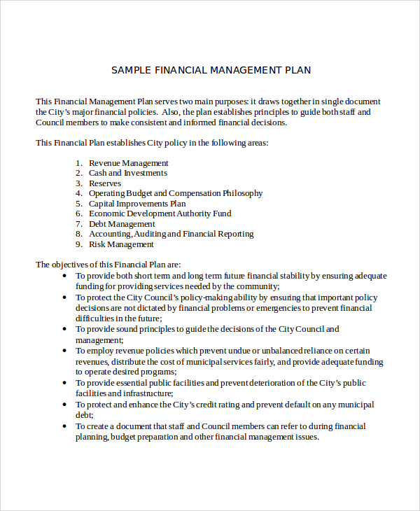 example of financial management in business plan