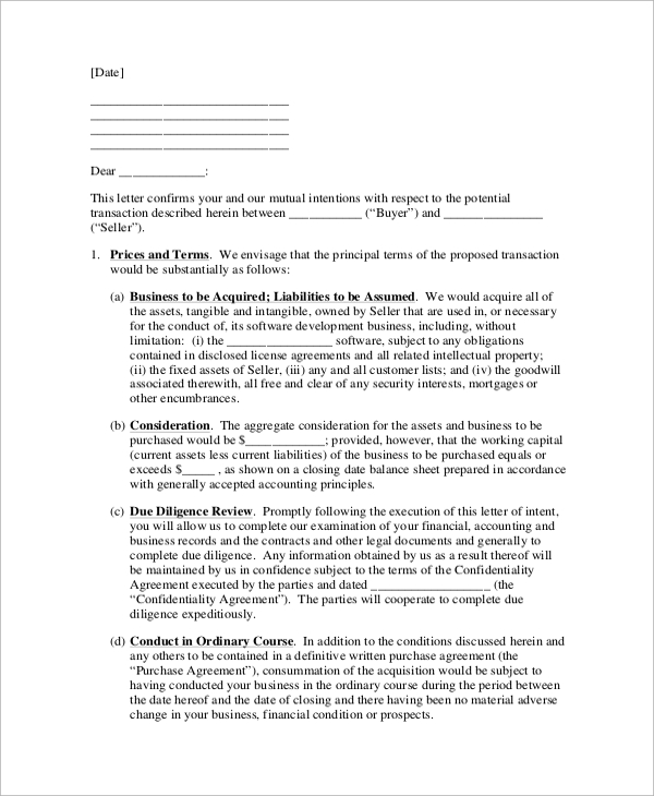 letter of intent to purchase business assets