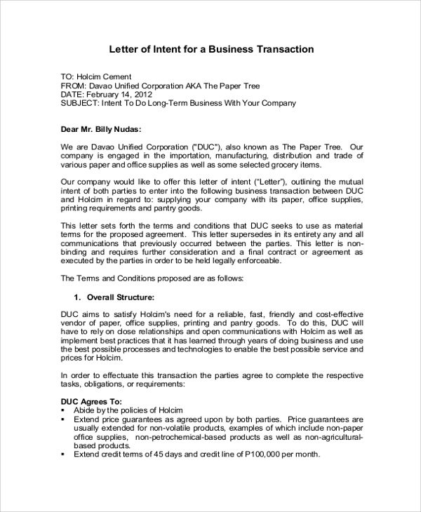 letter of intent for business transaction