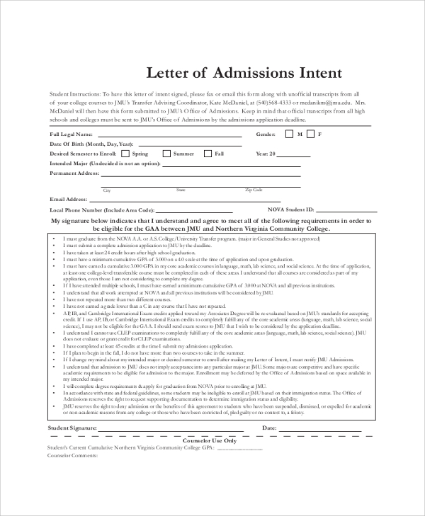 letter of intent for college admission
