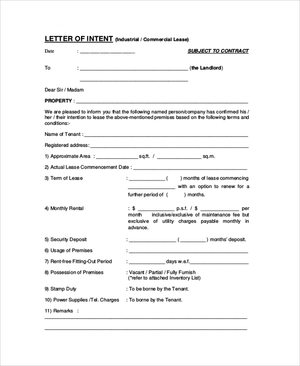 letter of intent for commercial property