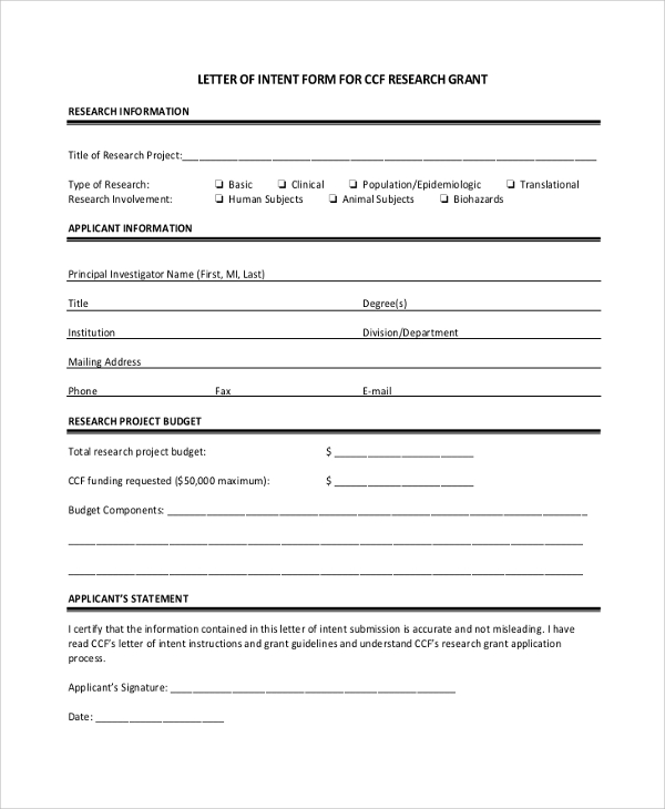 letter of intent form for resarch grant