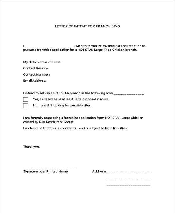 letter of intent for franchise application