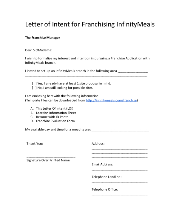 letter of intent for franchising infinity meals