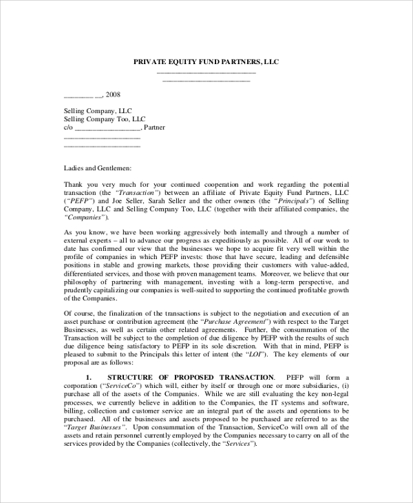 investment letter of intent for private equity fund partners
