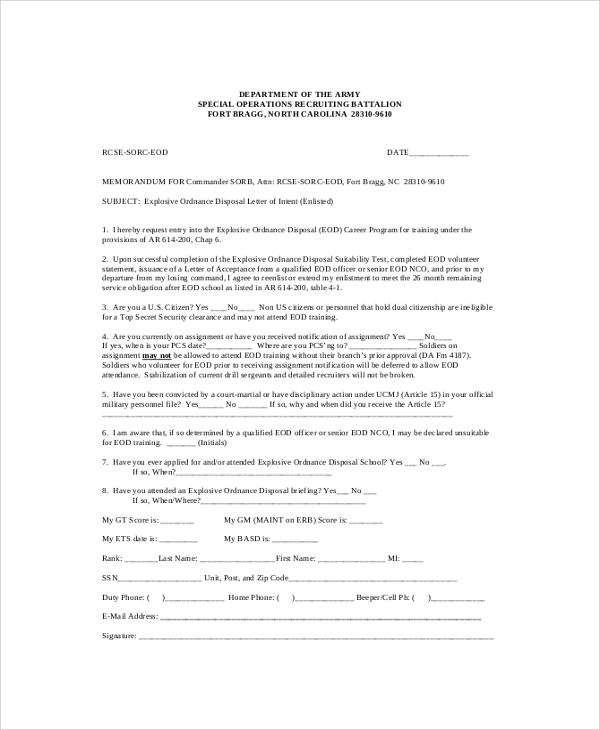 military ordnance disposal letter of intent