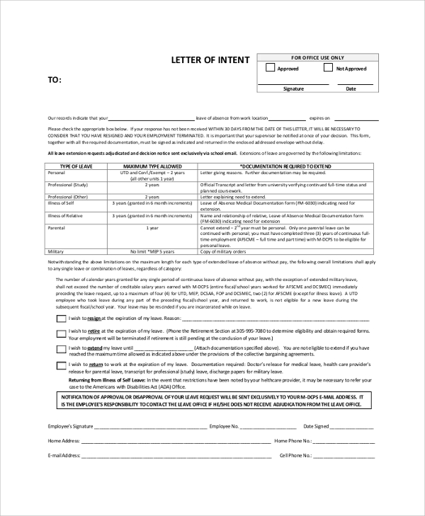 letter of intent to military department