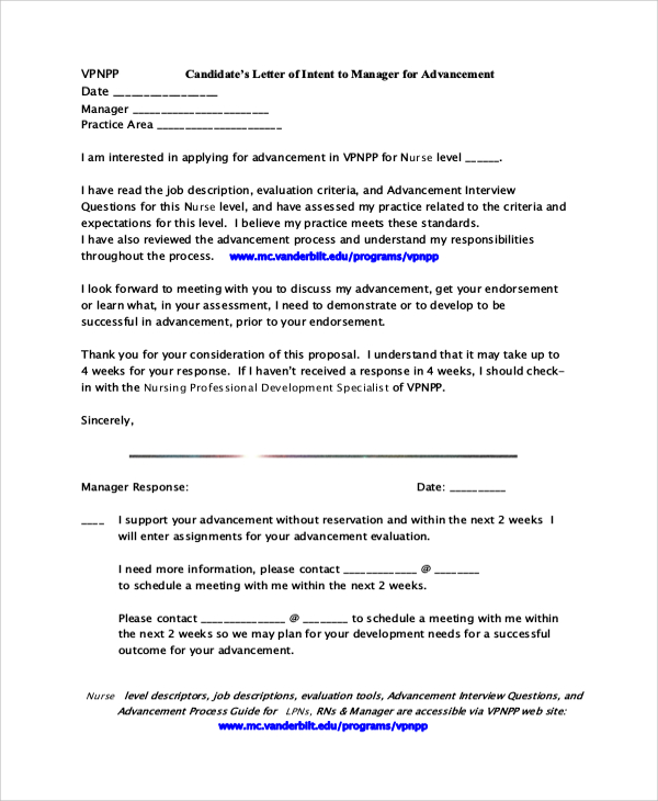 nursing candidate’s letter of intent to manager for advancement