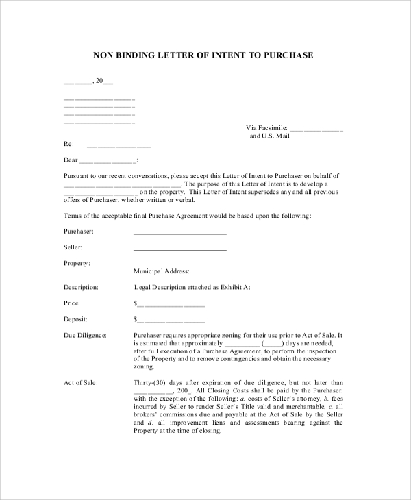 non binding letter of intent to purchase