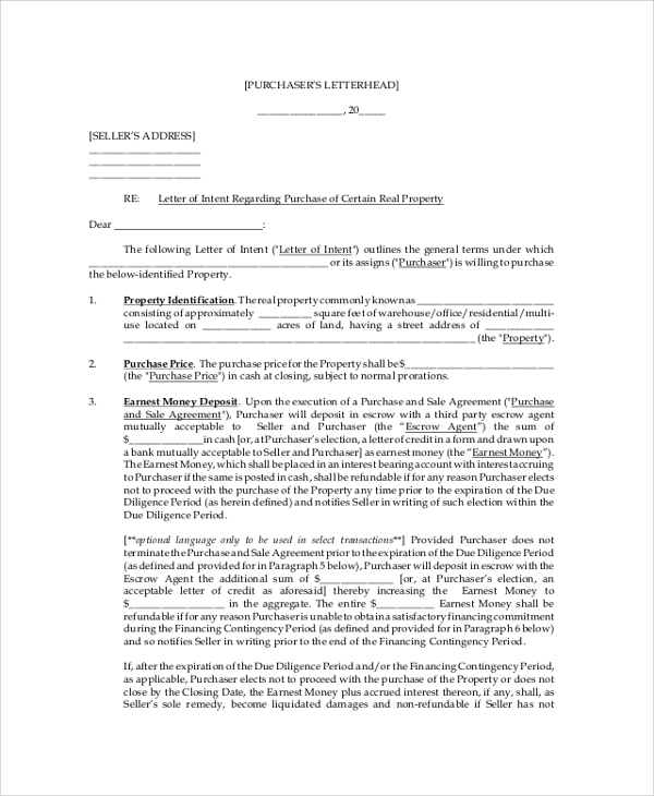 letter of intent regarding purchase of certain real property