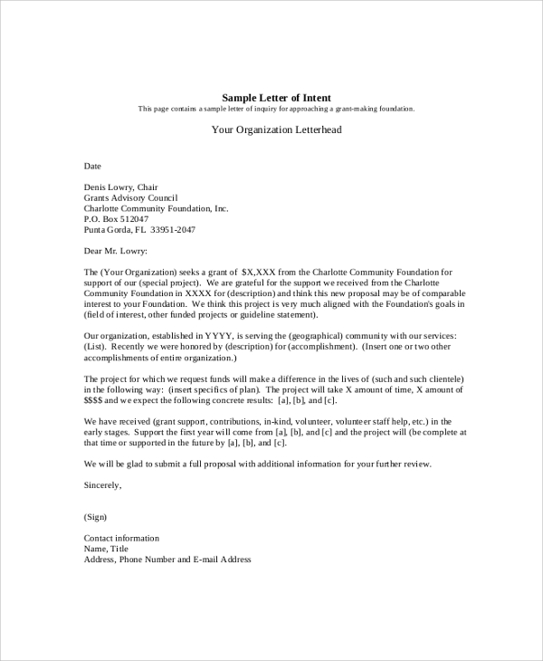 professional letter of intent to community foundation