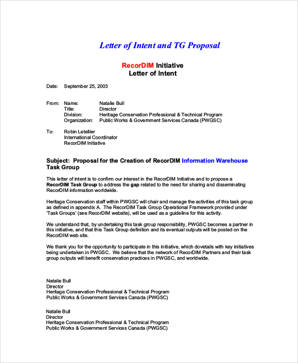 professional initiative letter of intent