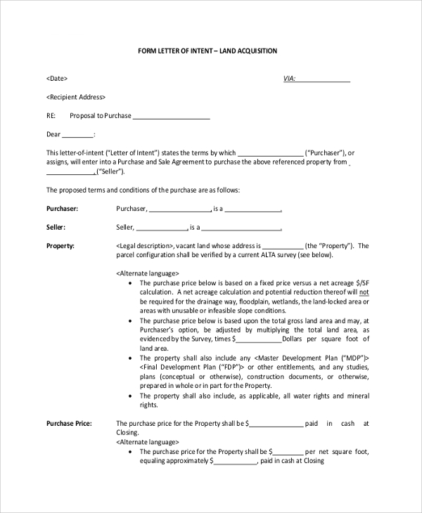 form letter of intent sample