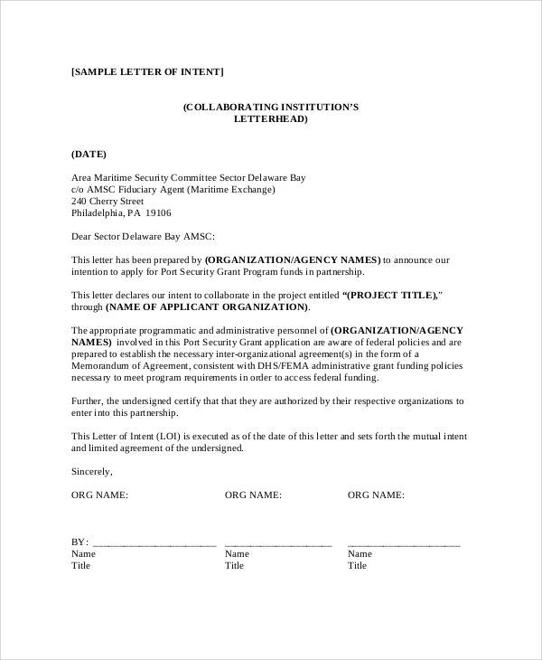 sample agency letter of intent
