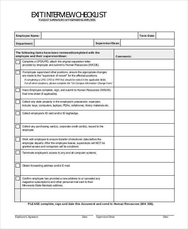 exit interview checklist form