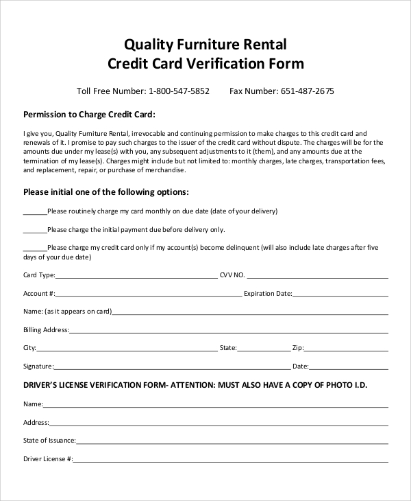 rental credit card verification form