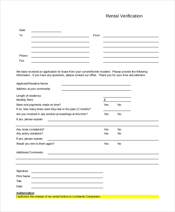 residential rental verification form