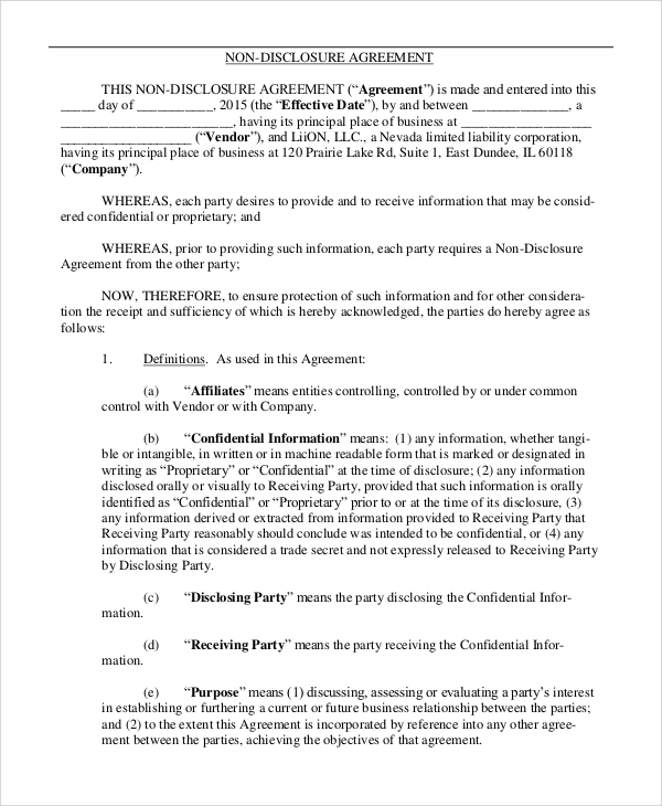 company non disclosure agreement form
