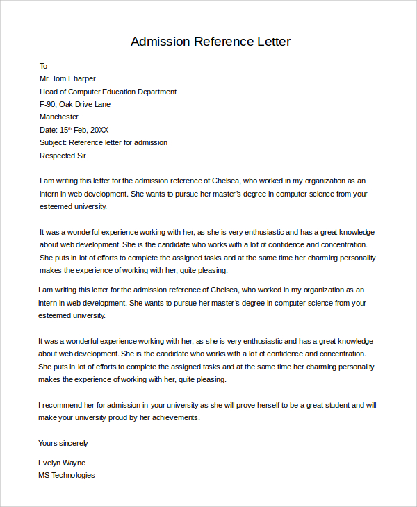 admission reference letter