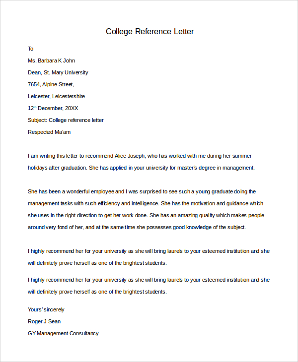 college reference letter