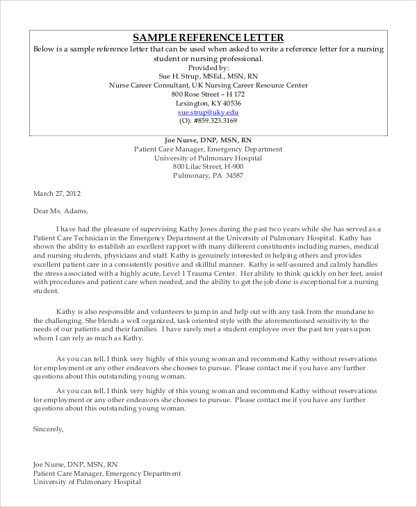 nursing student reference letter