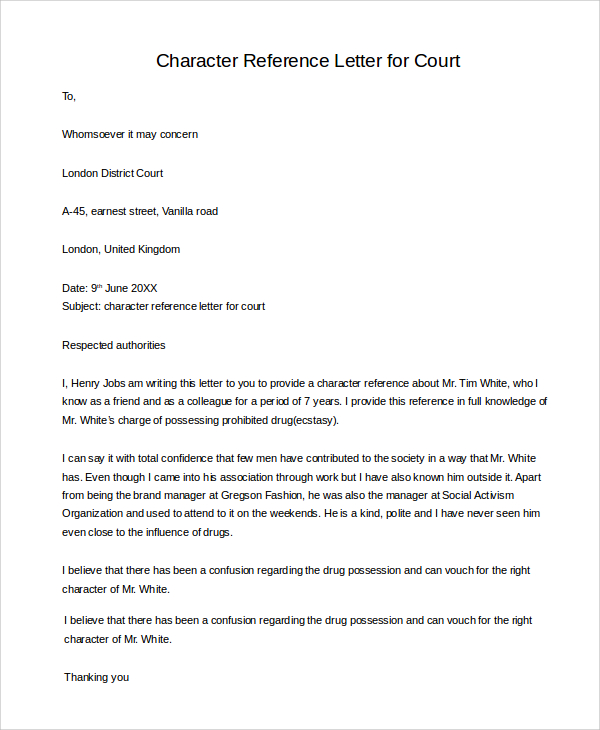 Sample Character Reference Letter For Court Template