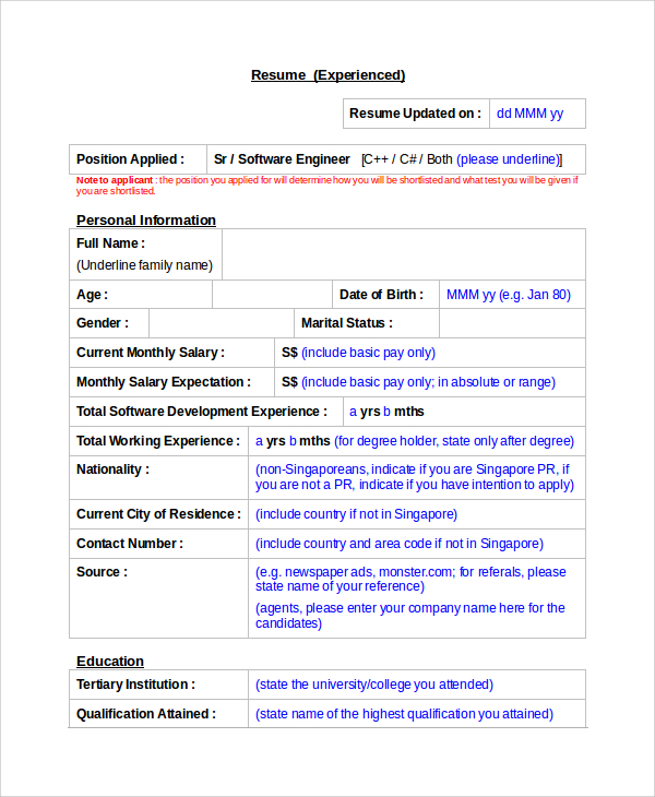 FREE 8+ Resume Samples in MS Word