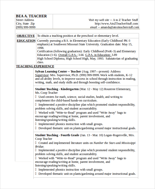 teacher resume word sample