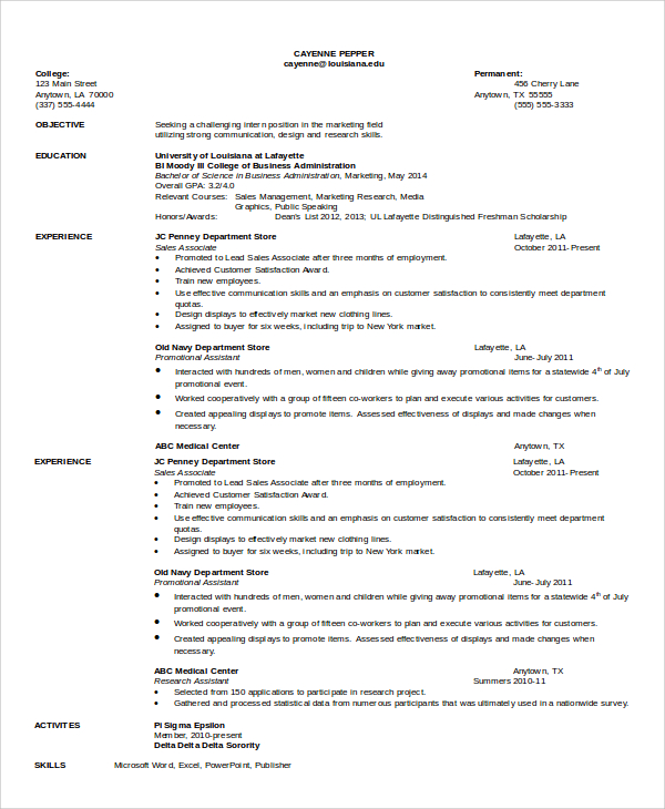 sample resume for teaching internship