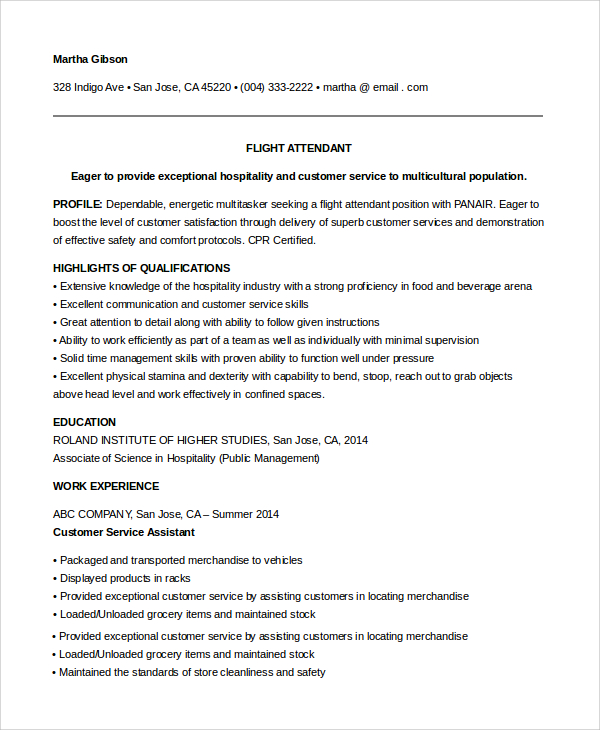 FREE 6+ Sample Flight Attendant Resume Templates in PDF MS Word