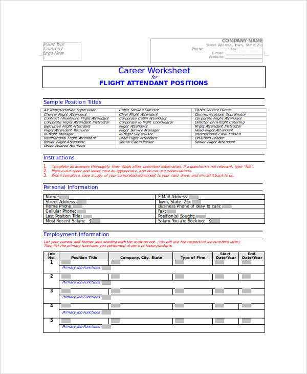 career worksheet flight attendant resume