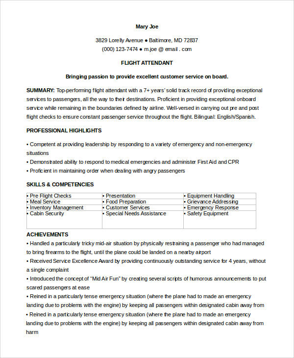 FREE 6+ Sample Flight Attendant Resume Templates in PDF | MS Word