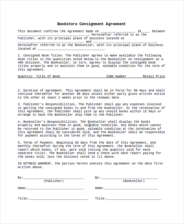 bookstore consignment agreement