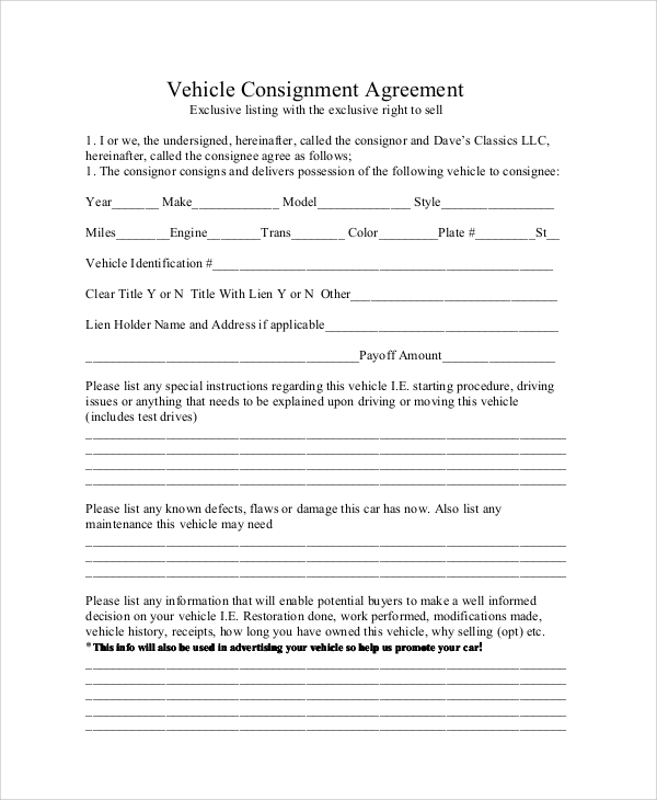 vehicle consignment agreement