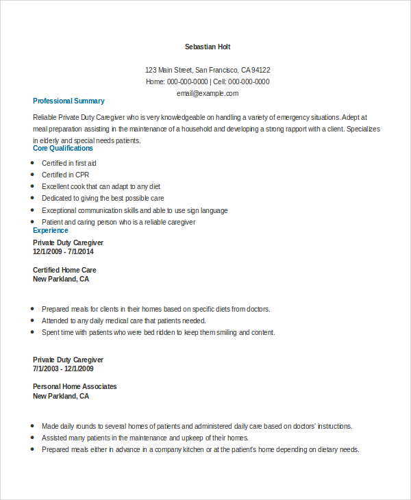 FREE 7+ Sample Caregiver Resume Templates in MS Word | PDF