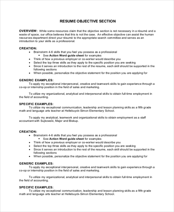 sample resume objective section