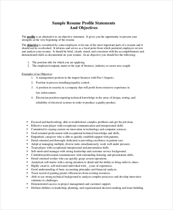 sample resume profile statements and objectives